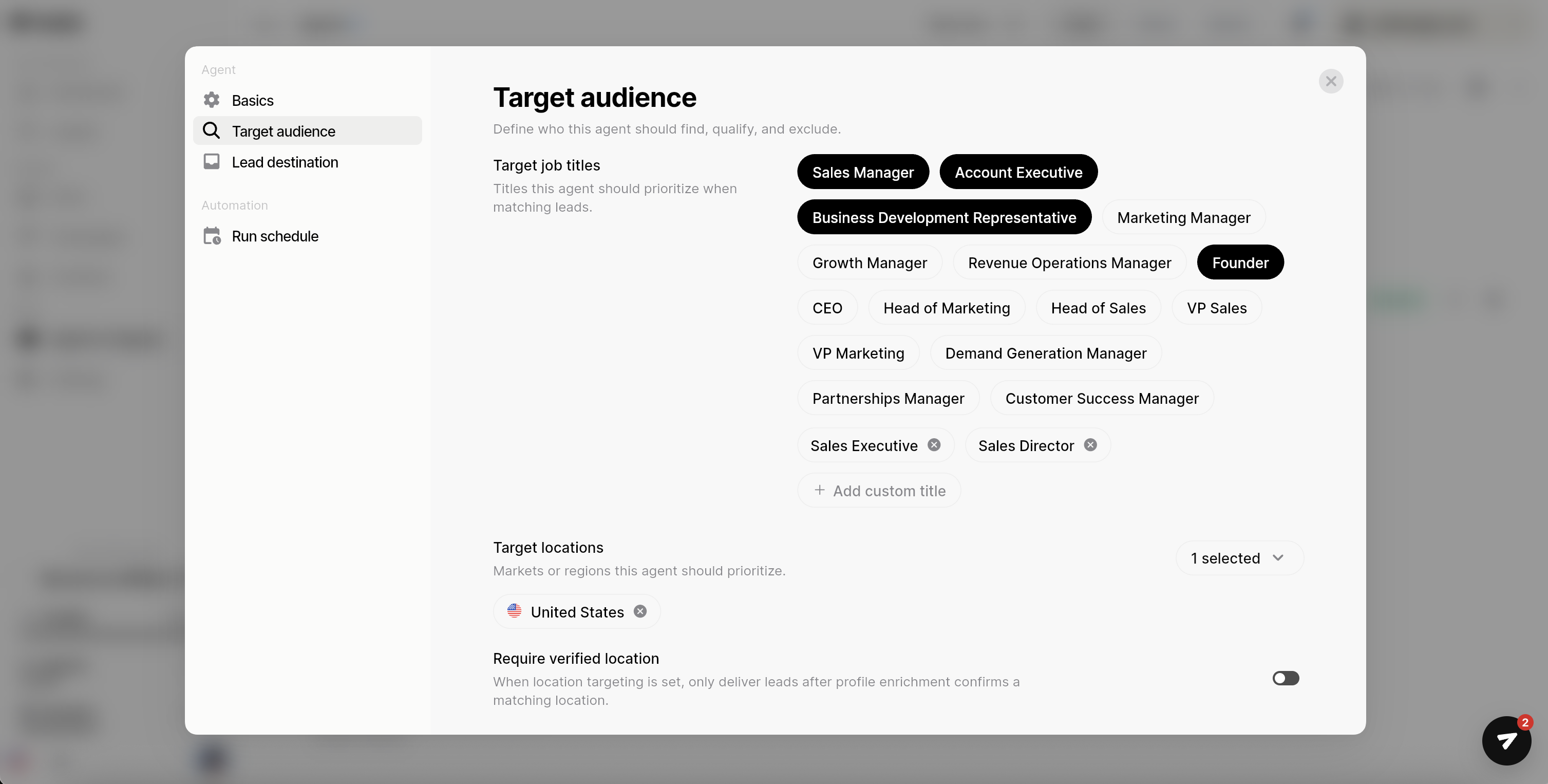 Looply ICP setup screen with target job titles and markets