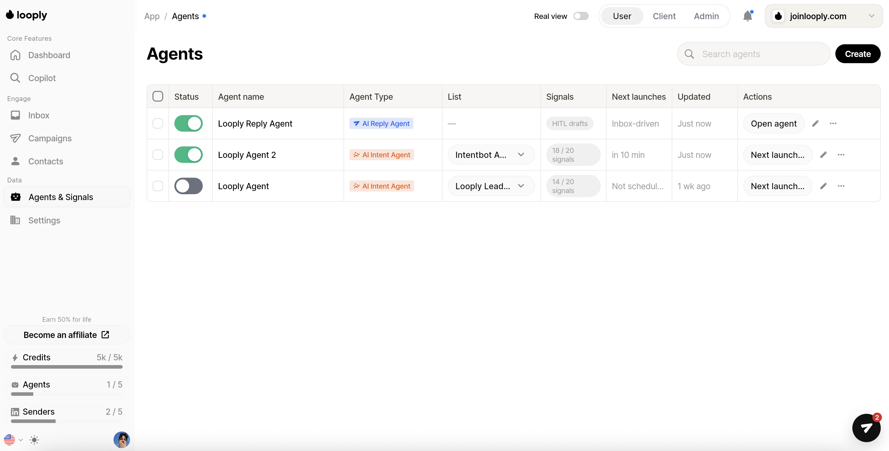 Looply agents screen with active intent agent