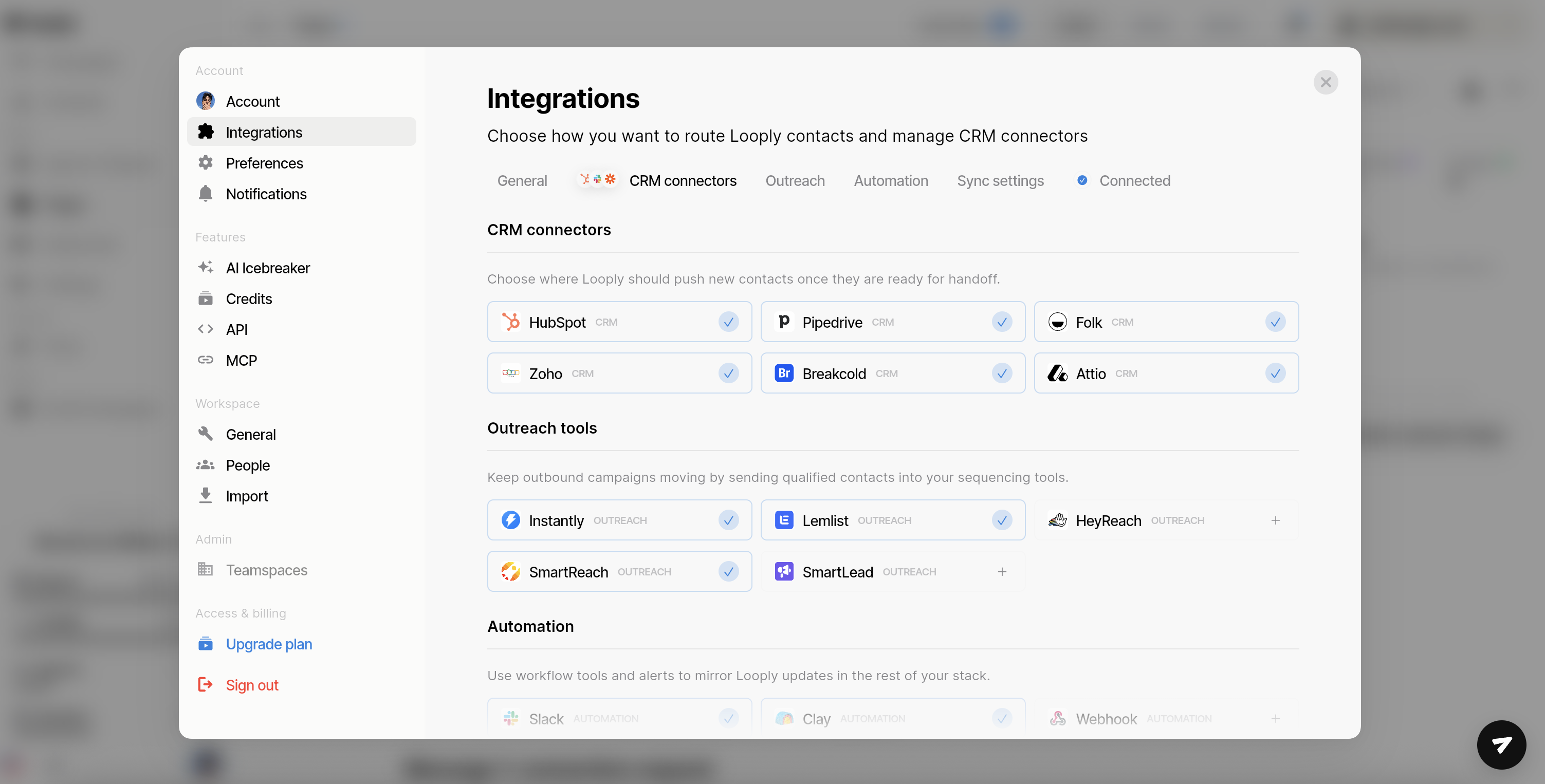 Looply integrations screen with CRM and outreach connectors